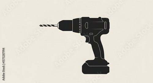 Black silhouette of a cordless power drill with a drill bit on a light background