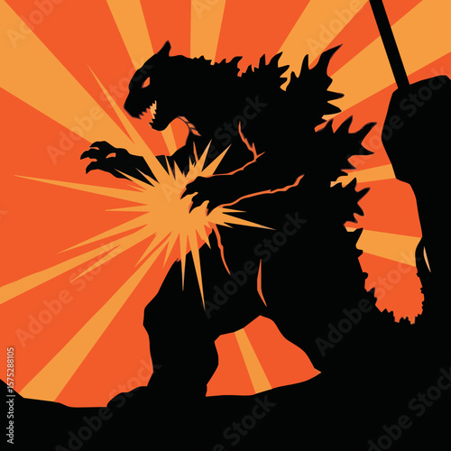 Silhouette of a monster figure with sharp claws and spines, emitting a burst of light against a radiating orange background.