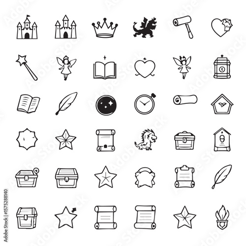 Collection of fantasy themed hand drawn icons in black and white set of icon