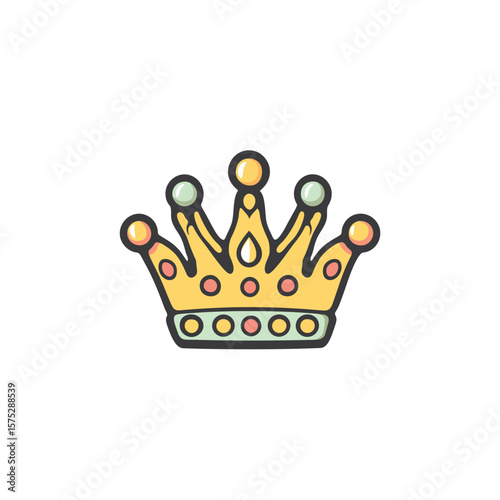 Golden cartoon crown with colorful jewels isolated on transparent background