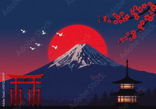 Mount fuji with glowing red sun and silhouette pagoda at night in japan