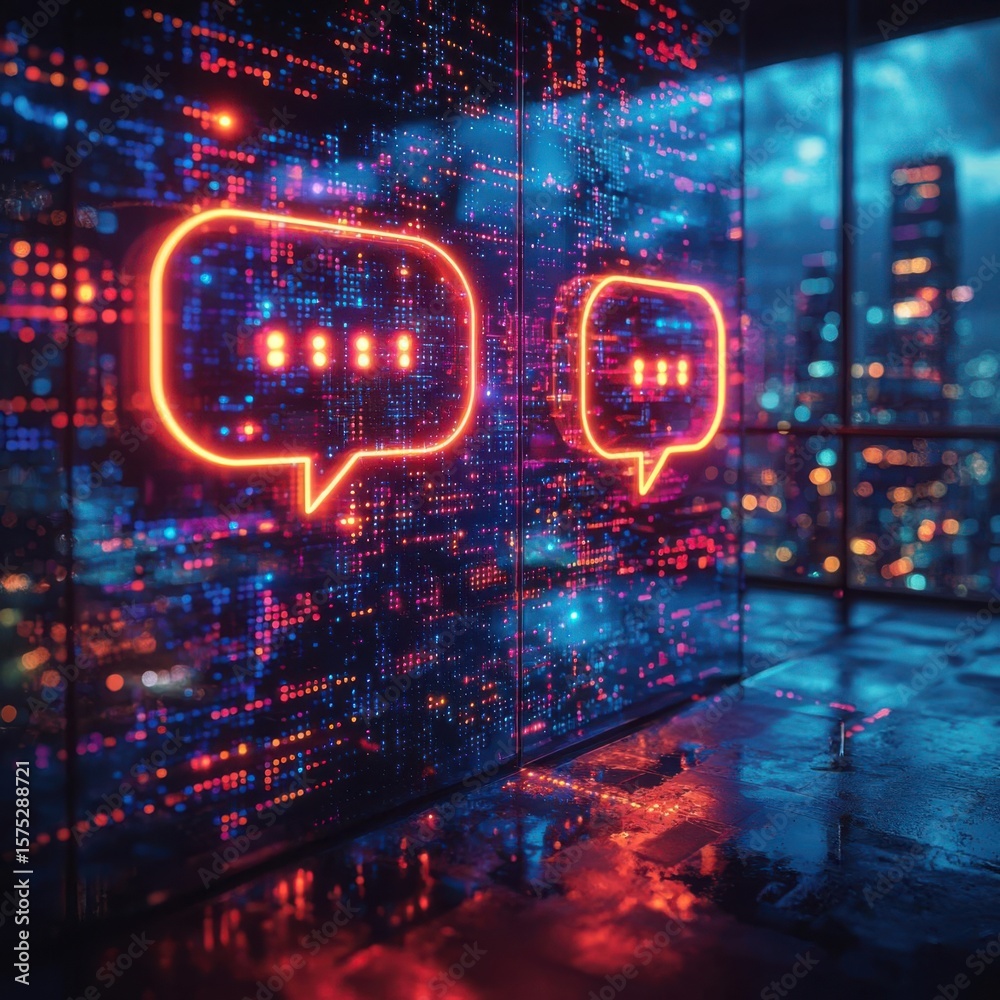 Naklejka premium Digital Dialogue, Neon Chat Bubbles Glow in a Cityscape, Futuristic Communication