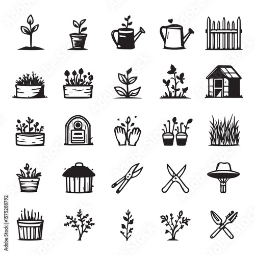 Collection of gardening related icons in a hand drawn style art set of icon