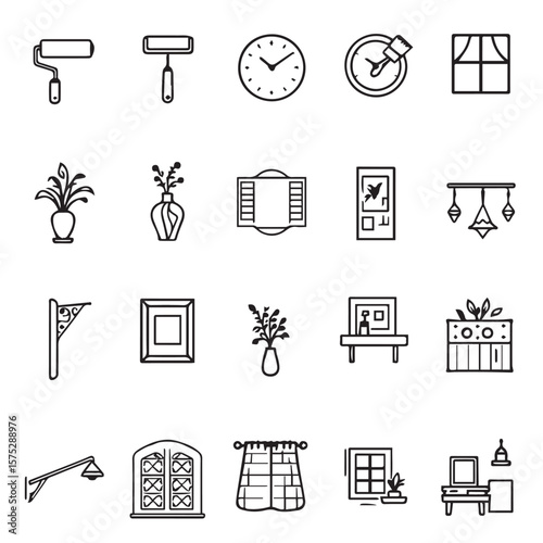 Collection of home decoration icons in black lines on white page set of icon