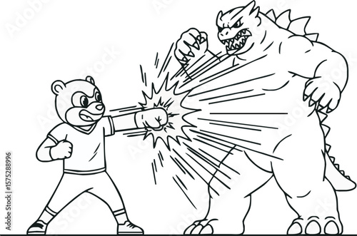 A cartoon bear delivers a powerful punch to a large, menacing dinosaur-like creature.