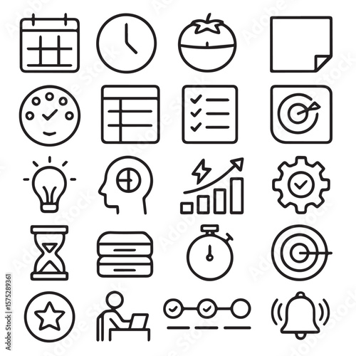 Collection of various business and time management themed line icons set of icon