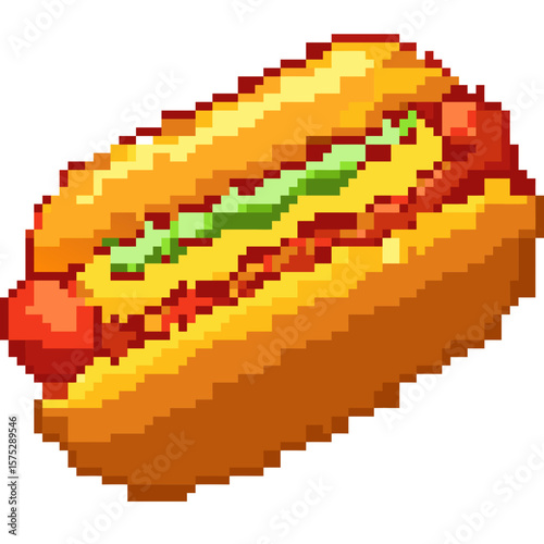 Pixel art hot dog with mustard and ketchup in a bun isolated.