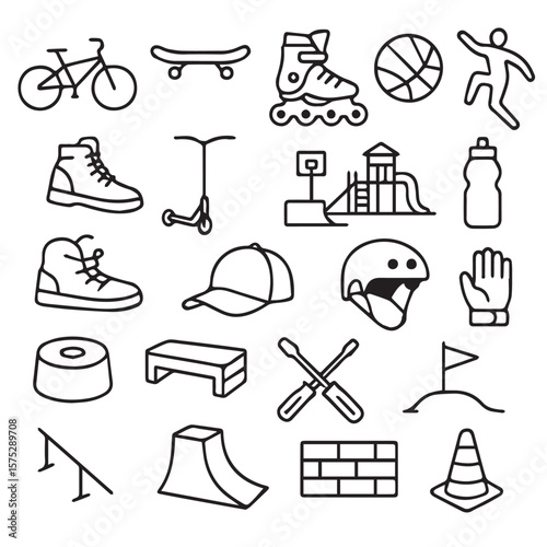 Collection of various recreational and construction line drawings set of icon