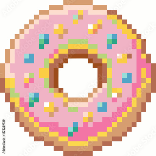 Isolated Pixel Art Donut Icon with Pink Frosting and Sprinkles