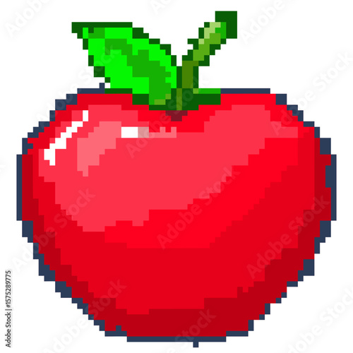 Isolated Pixel Art Red Apple Icon with Green Leaf