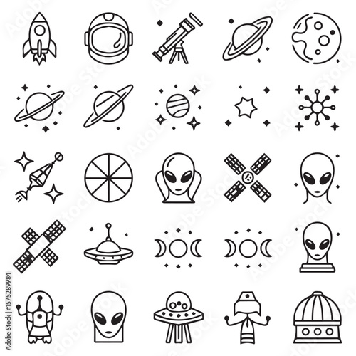 Collection of space exploration and extraterrestrial themed icons set of icon