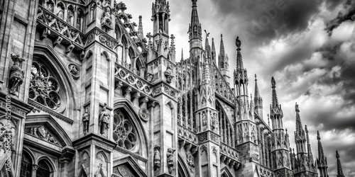 Milan's Duomo: A black and white close-up reveals exquisite Gothic architectural detail and masterful stone carving.
