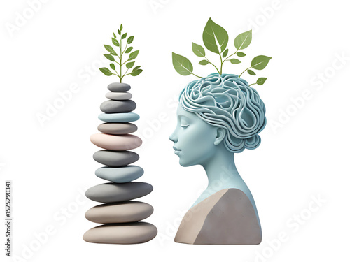 Mental Growth Concept, Woman's Profile with Leaves Growing from Mind, Balanced Rocks for Zen Therapy, AI Generated