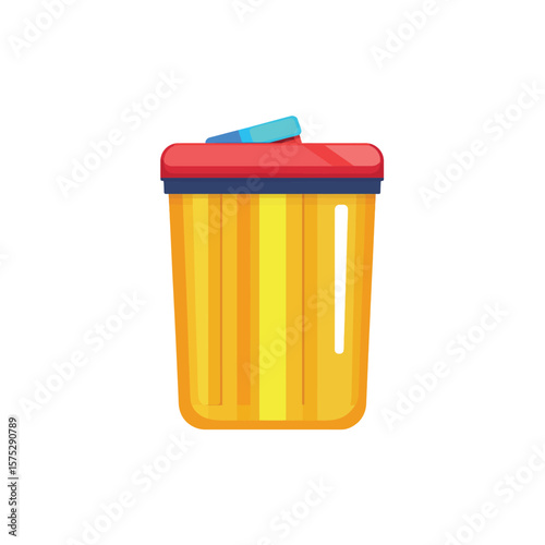 Isolated Trash Can with Red Top and Open Blue Lid on White Background
