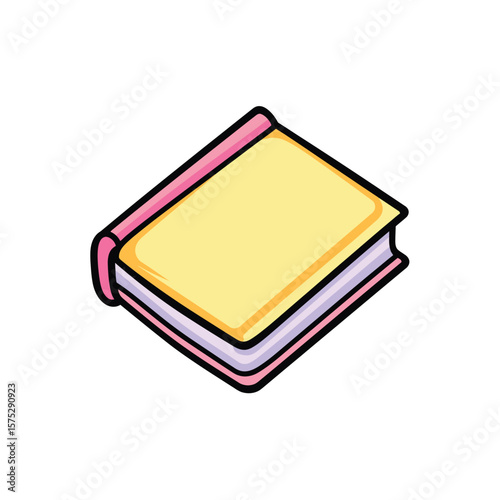 Isometric Book Illustration with Yellow Cover, Pink Trim, and Colorful Pages Isolated