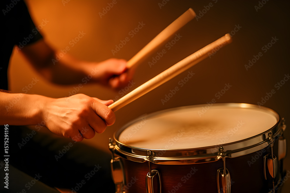 Obraz premium Drummer Playing Snare Drum with Sticks in Warm Lighting