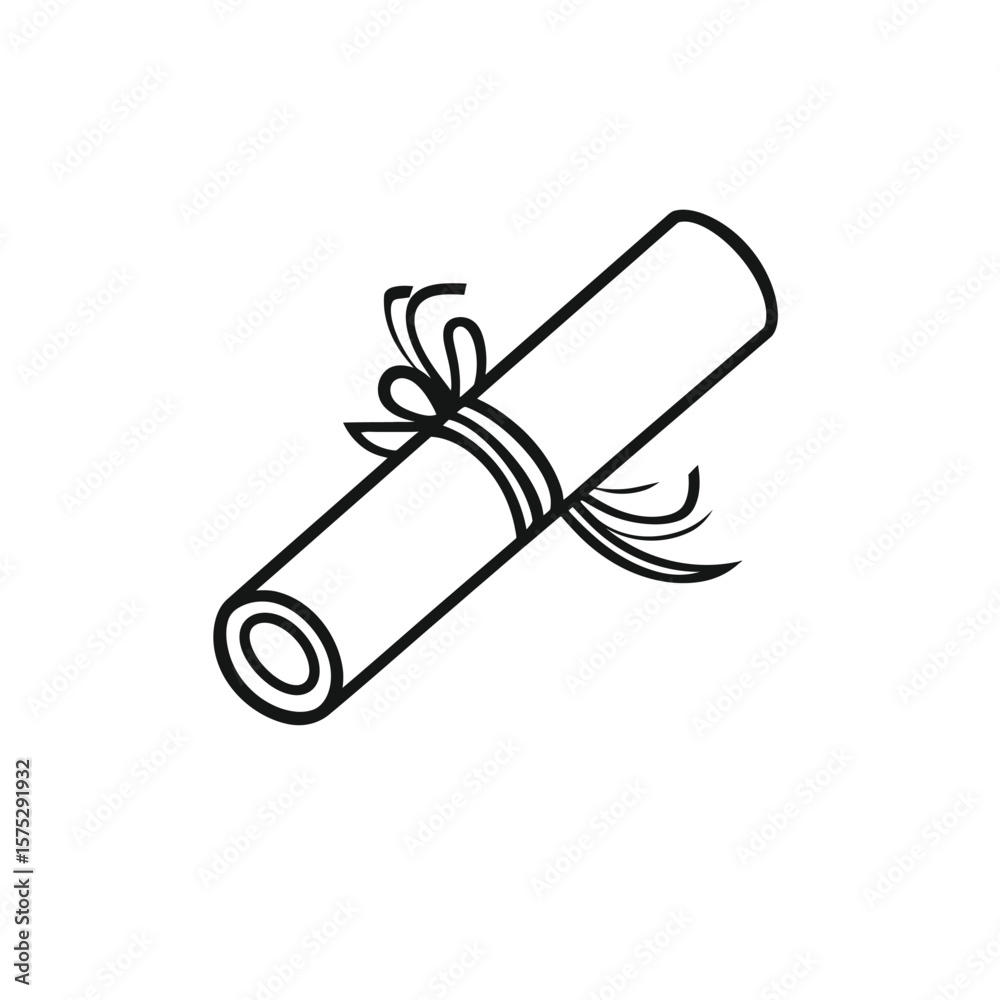Line Art of Diploma Scroll Tied with Ribbon Isolated on White Background Line Art of Diploma Scroll Tied with Ribbon Isolated on White Background