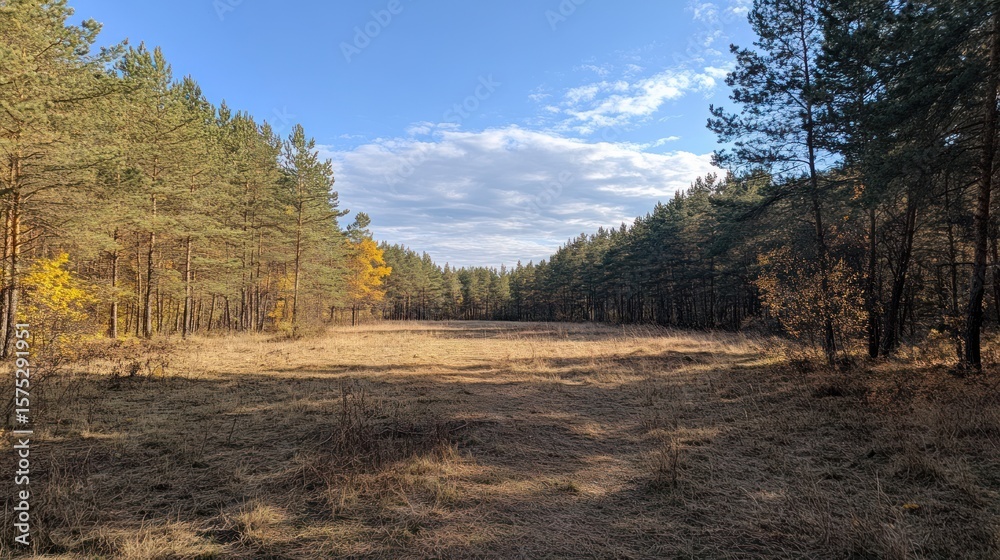 Fototapeta premium Autumn forest path under a clear sky. Possible use Nature background