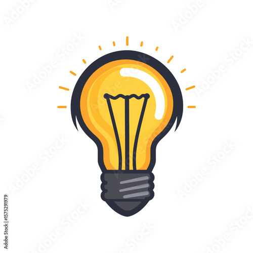 Lit Lightbulb Illustration, Yellow Glow and Black Base on White
