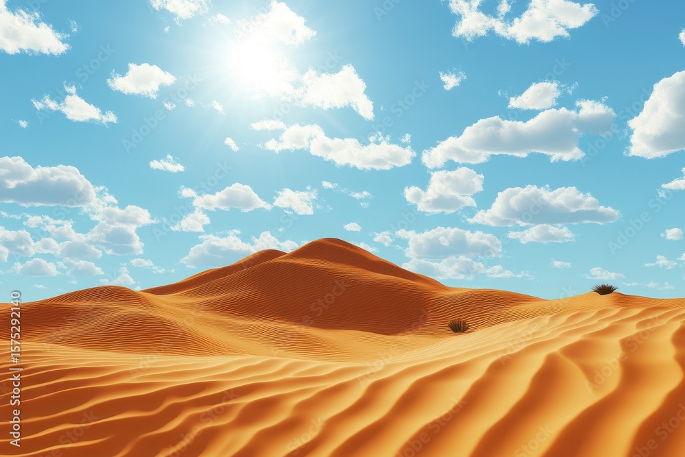 Fototapeta premium Vast sunny desert landscape showcasing rippling sand dunes under a bright blue sky with fluffy clouds, Sunny desert landscape with rippling sand dunes, background