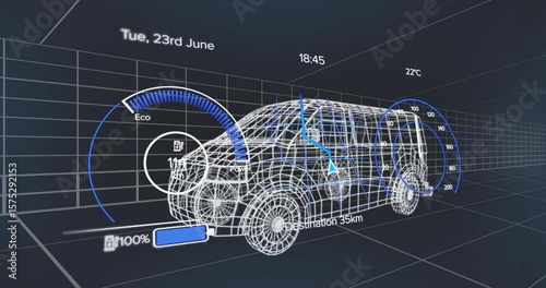 At 18:45 wireframe SUV HUD showing battery gauge rising then falling illustrating power cycle