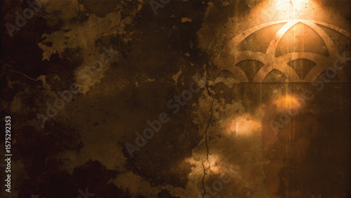 Old, dark church building at night with light shining through an ancient stained glass window