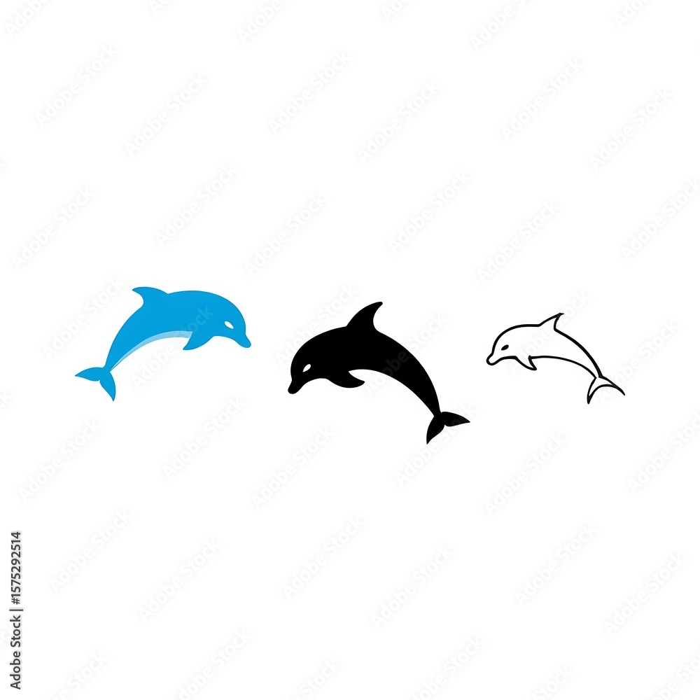 Fototapeta premium Three stylized dolphins blue black outline on white background marine mammal