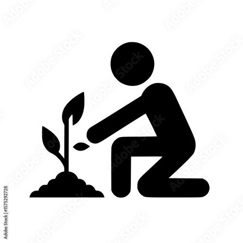 Planting person icon, black silhouette, squatting pose, hand on soil, minimal clipart