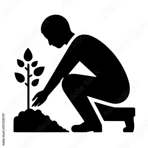 Planting person icon, black silhouette, squatting pose, hand on soil, minimal clipart