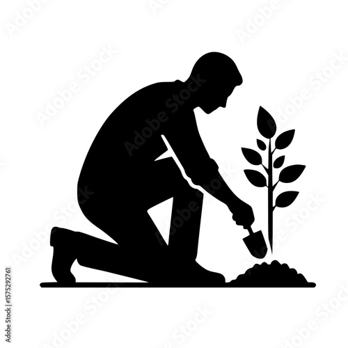 Planting person icon, black silhouette, squatting pose, hand on soil, minimal clipart