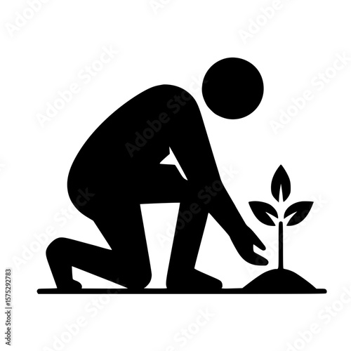 Planting person icon, black silhouette, squatting pose, hand on soil, minimal clipart