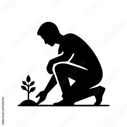 Planting person icon, black silhouette, squatting pose, hand on soil, minimal clipart