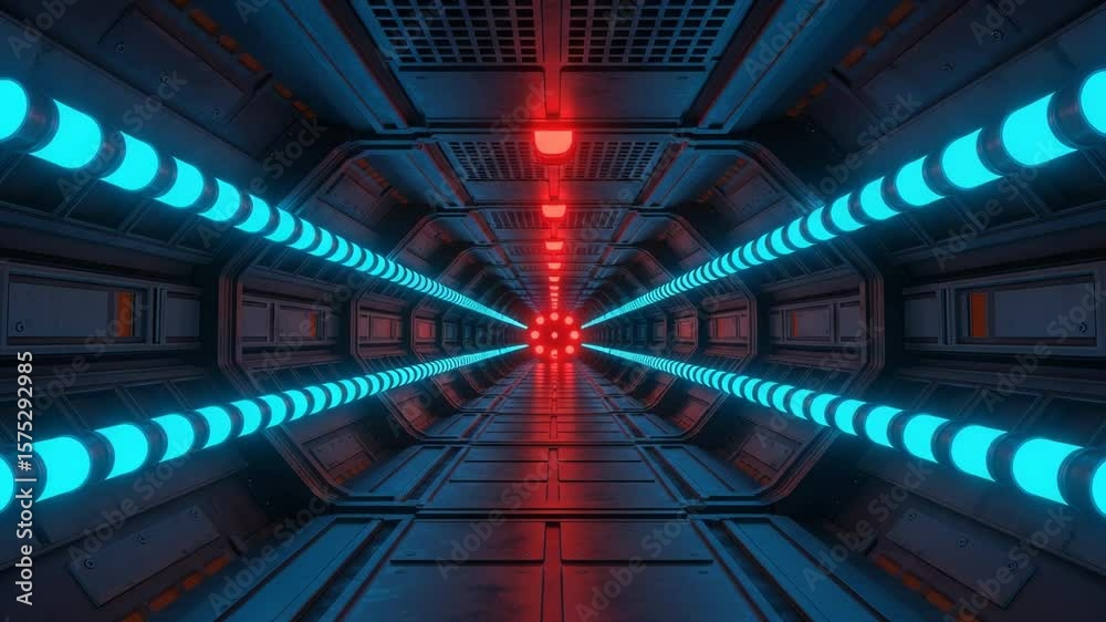 A futuristic tunnel with neon lights creates a sense of depth and technological advancement