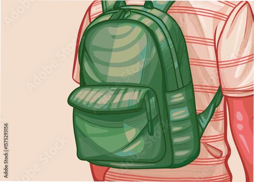 Green Backpack on Casual Attire for Education, Travel, Adventure Blogs, Student Websites, and Outdoor Activity Promotion  