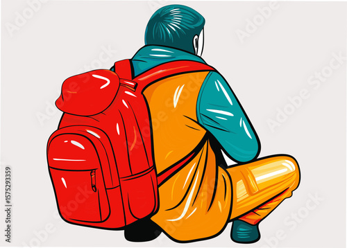 Person in Colorful Outfit Sitting with Red Backpack on Neutral Background for Lifestyle Blogs, Adventure Websites, Travel Articles, and Illustrative Content  