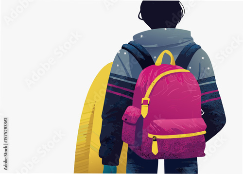 Person with Colorful Backpack and Surfboard in Outdoor Setting for Travel Blogs, Adventure Websites, Youth Activities, and Lifestyle Content  