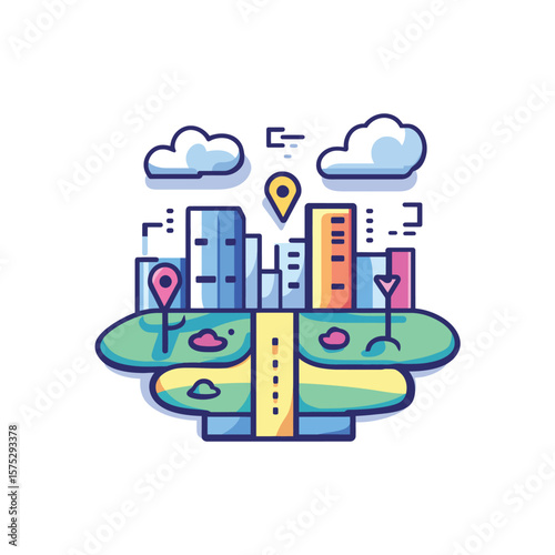 Modern City Skyline Illustration with Clouds, Grass Fields, Markers, and Roads, Flat Design