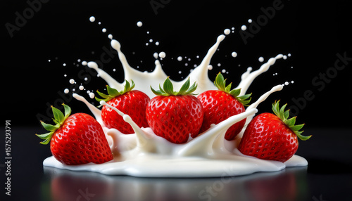 Fresh strawberry splash milk white liquid red fruit healthy natural sweet ripe juicy isolated black background