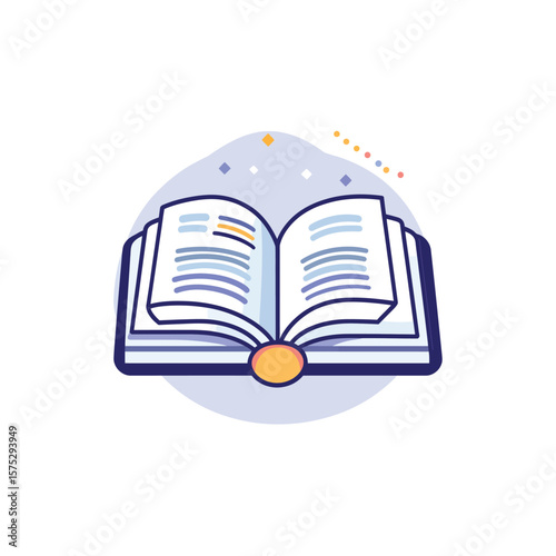 Open Book Illustration with Blue Lines, Yellow Details, and Decorative Elements on White Background