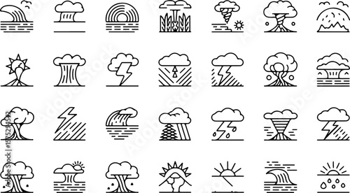 Collection of stylized weather icons featuring rain clouds lightning storms tornadoes waves rainbows and sunny skies with natural elements