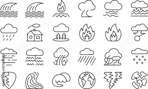 Collection of simple outline icons representing various natural disasters and weather phenomena including waves fire clouds rain snow lightning and earth