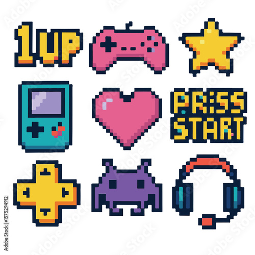 Gamers icon set, pixel art, eps 10 illustation