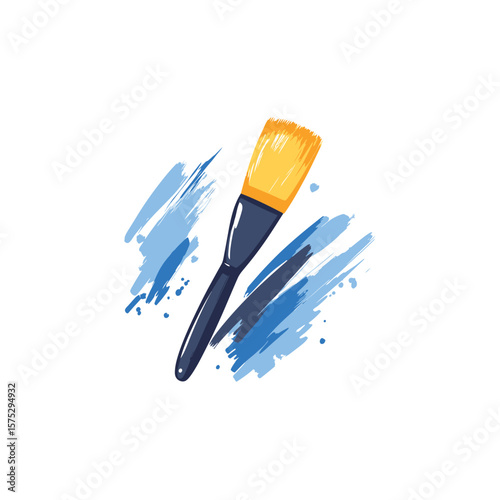 Paintbrush with Yellow Bristles and Blue Paint Strokes on a White Background Illustration