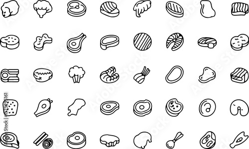A collection of simple black and white line art icons representing various types of raw meat cuts and ingredients for cooking and food preparation