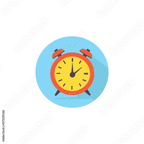 Red alarm clock with yellow face on a light blue circle background