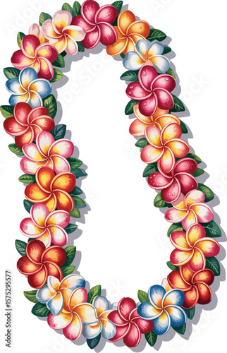 Realistic colorful Hawaiian flower lei, tropical plumeria garland, exotic summer necklace, island floral wreath illustration, celebration vector clipart design