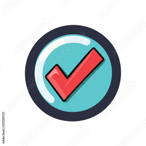 Red Check Mark Circle Icon with Dark Border and Turquoise Inset on White