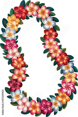 Realistic tropical flower lei, colorful Hawaiian garland, summer plumeria necklace, island floral decoration, exotic celebration wreath, vector clipart illustration