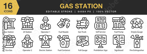Gas Station icon set. Editable Stroke Icon Collection. Includes station, gas, fuel, vehicle, car, diesel , and More. Outline icons vector collection.