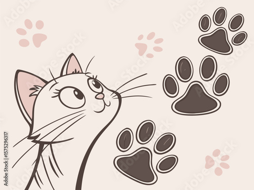 Vector illustration of a curious cat with paw prints